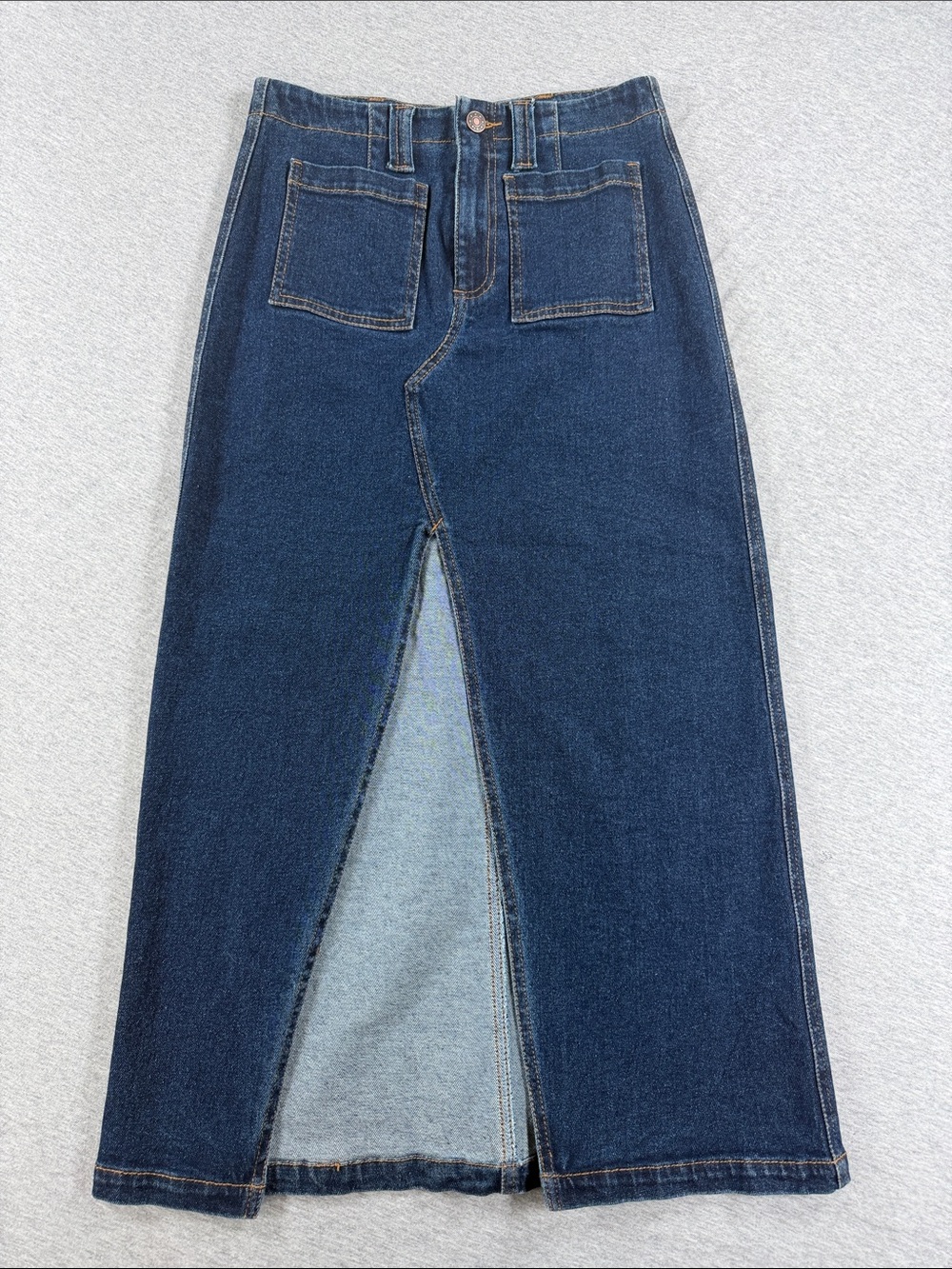 R.G. Kane Dark Blue Denim Maxi Skirt with Front Slit Stretch Size 27